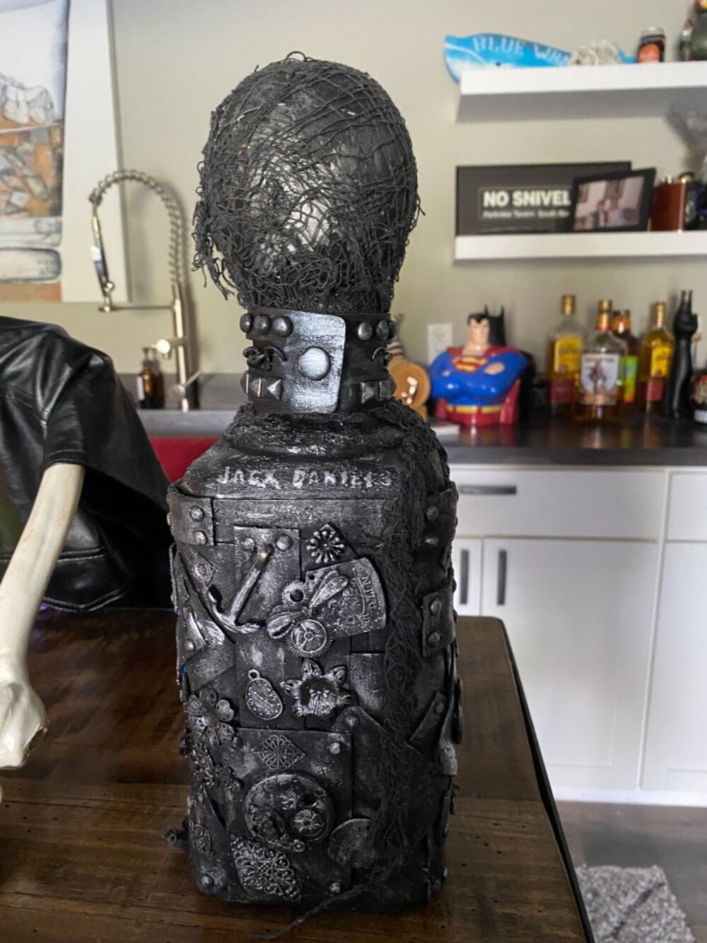 Steampunk, Goth/Skeleton-Style Upcycled Jack Daniels Bottle - Picture 3 of 7